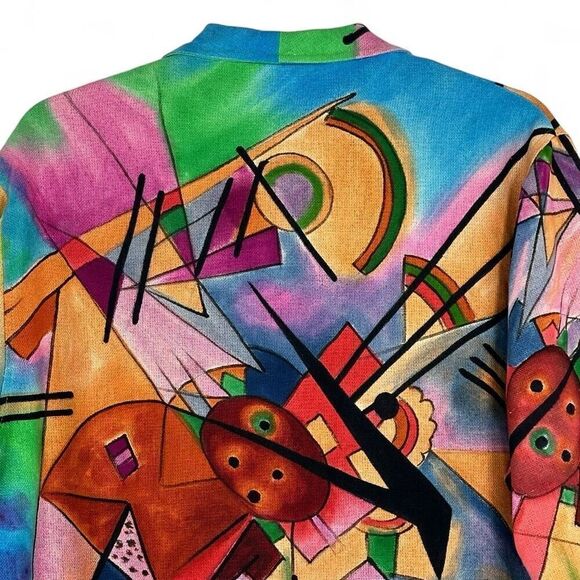 Vtg 90s Dilemma Dhun Schroff 100% Silk Abstract Cubism Art Wear Open Blazer OS - Picture 4 of 13